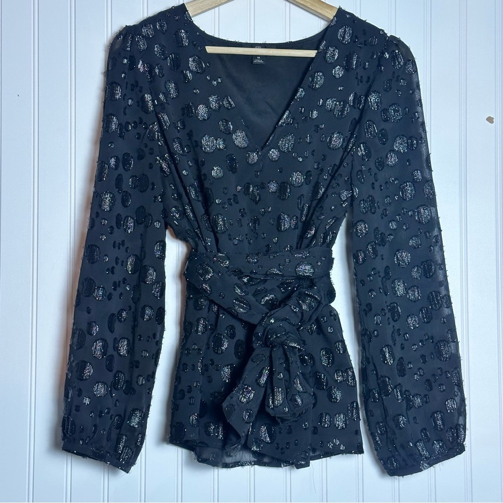 J. Crew Tie-waist V-neck top in black metallic dot jacquard M Casual Business - Picture 7 of 14